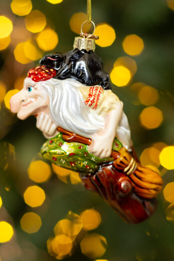 Баба-Яга елочная игрушка, черный кот, ступа, XMAS TOYS, ручная работа, стеклянная елочная игрушка коллекционная