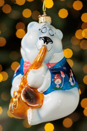 Елочные игрушки XMAS TOYS Лесные музыканты Белый медведь Концертный пиджак Саксофон музыкант Подарок Саксофонисту Мухоморы Синий пиджак